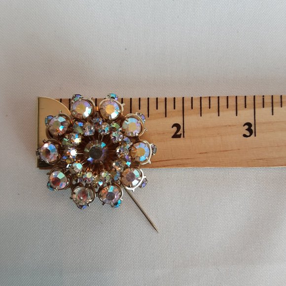 Pink Gold Tone Aurora Borealis Rhinestone Brooch Costume Jewelry - Picture 4 of 4